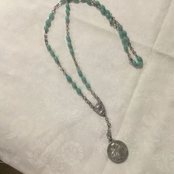 Aqua Bead and Silvertone Rosary - Picture 1 of 5